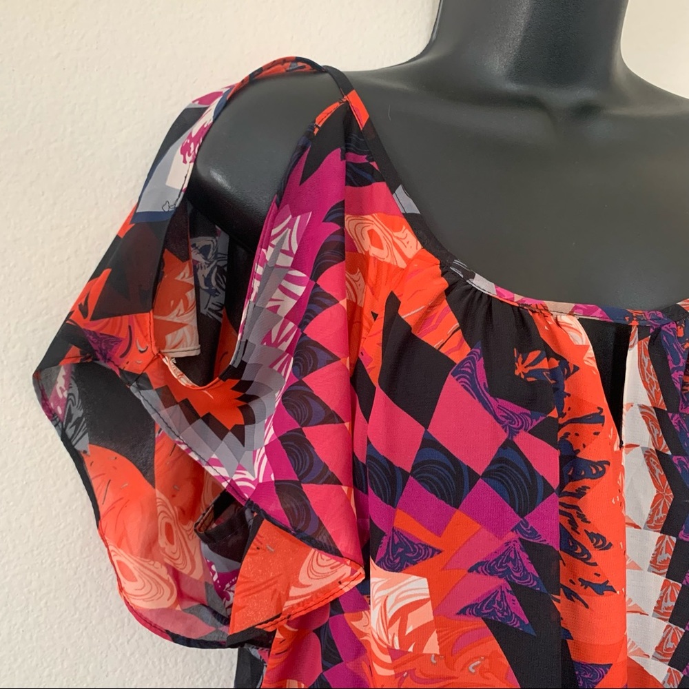 MSK Multicolor Geometric Tribal Print Cold Shoulder Fit and Flare Dress - Picture 3 of 9
